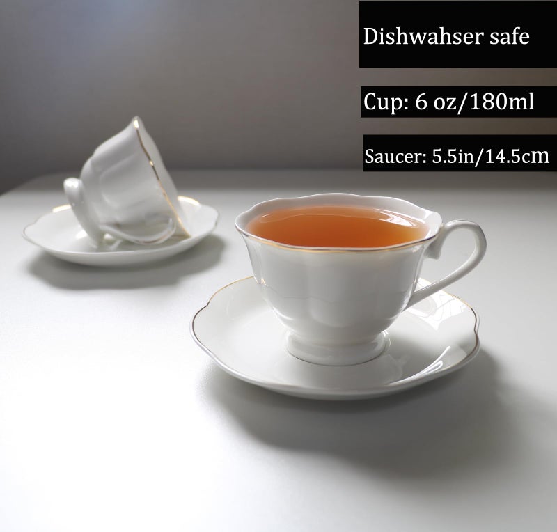 Guangyang 12 Pieces Tea Cup set Fine Porcelain 6oz Cup and Saucer set of 6 for Cappuccino Tea Flat White Coffee - Image 3